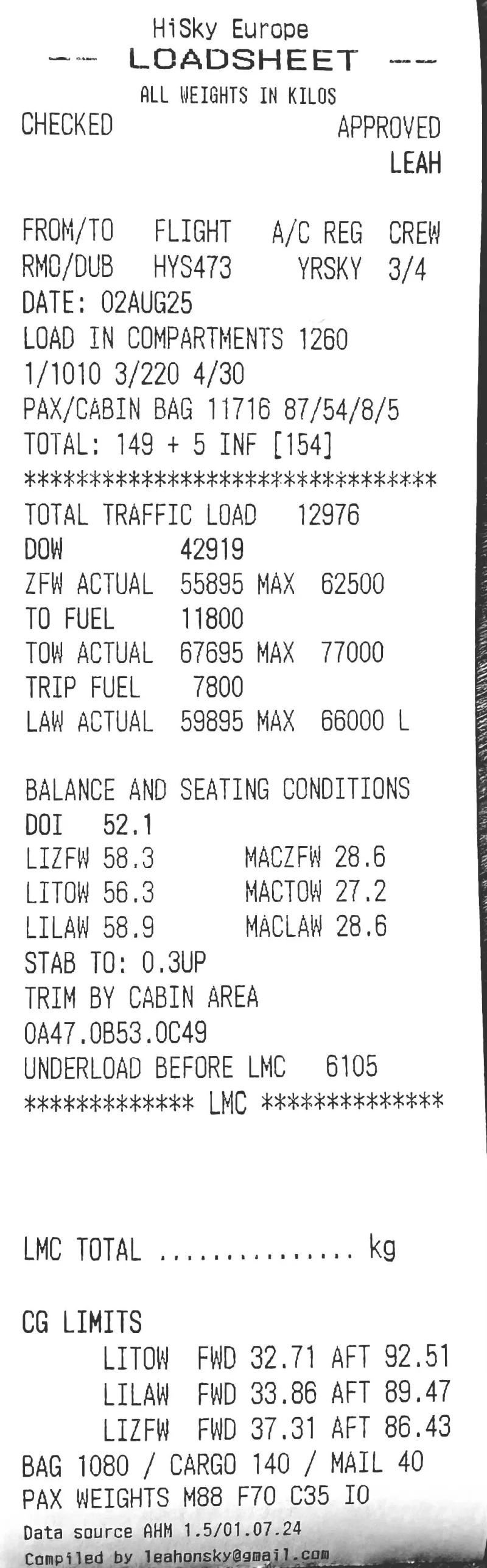 Example printed Loadsheet Computer loadsheet; open the guide for a larger view