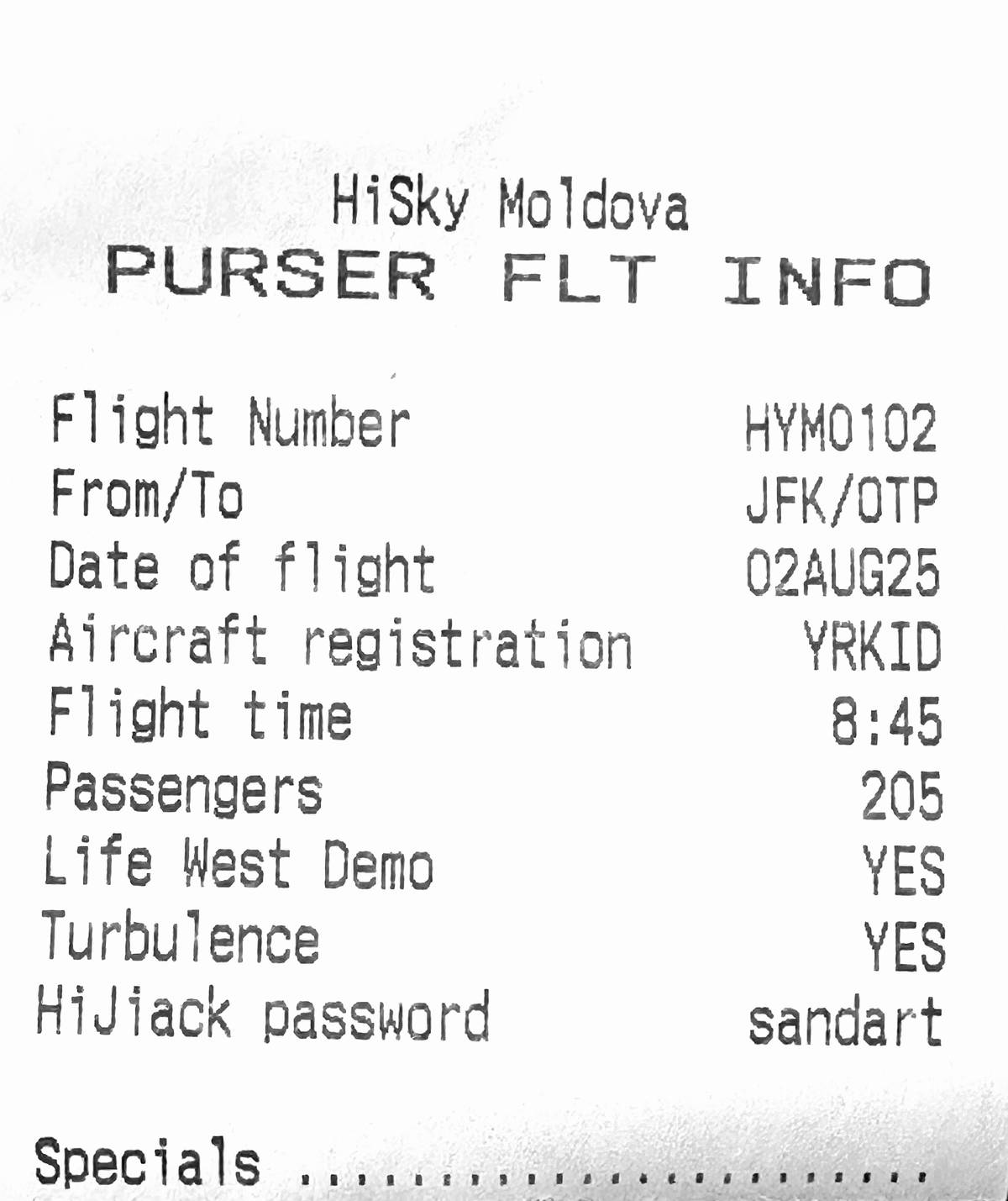 Purser Information sample